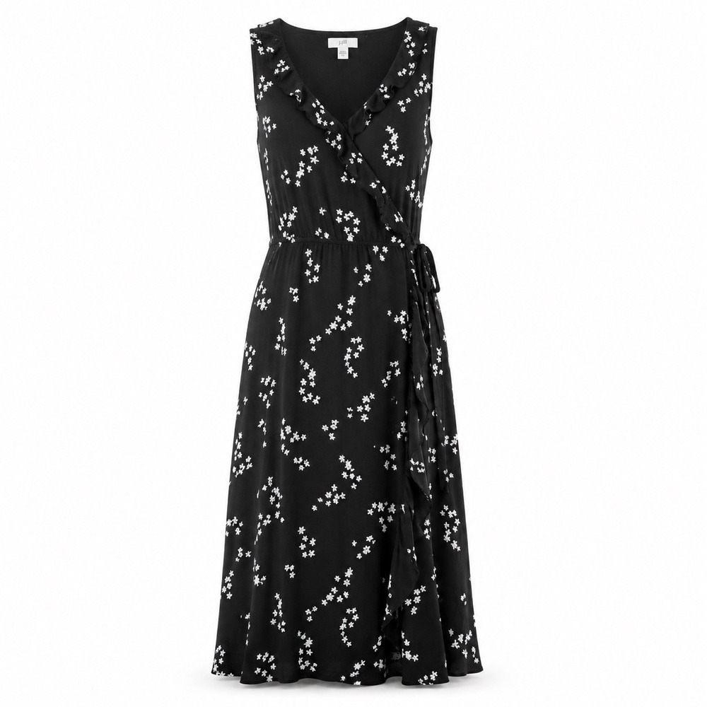 J Jill Dress L Rayon Floral Ruffle Faux Wrap Midi Cottagecore Boho Summer